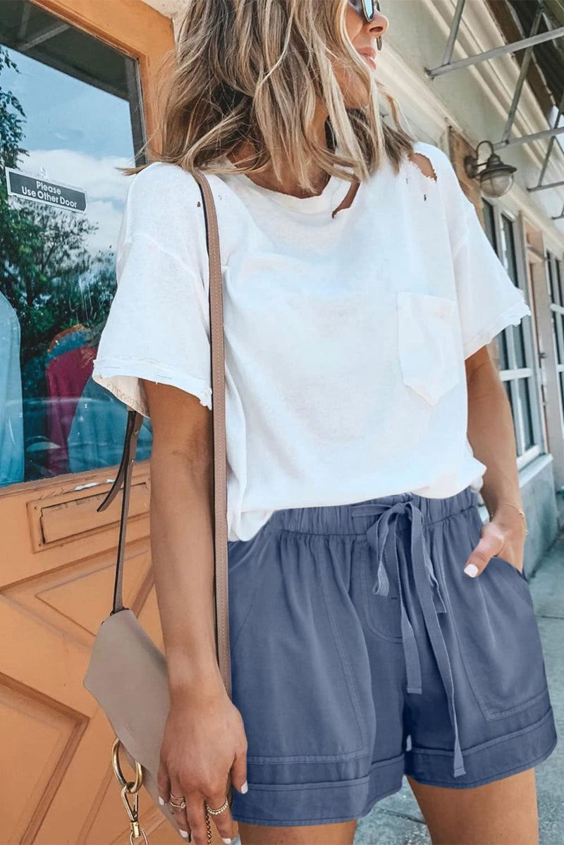KISSMODA Womens Comfy Drawstring Shorts Casual Summer Elastic Waist Pocketed Linen Short Blue - Image 2